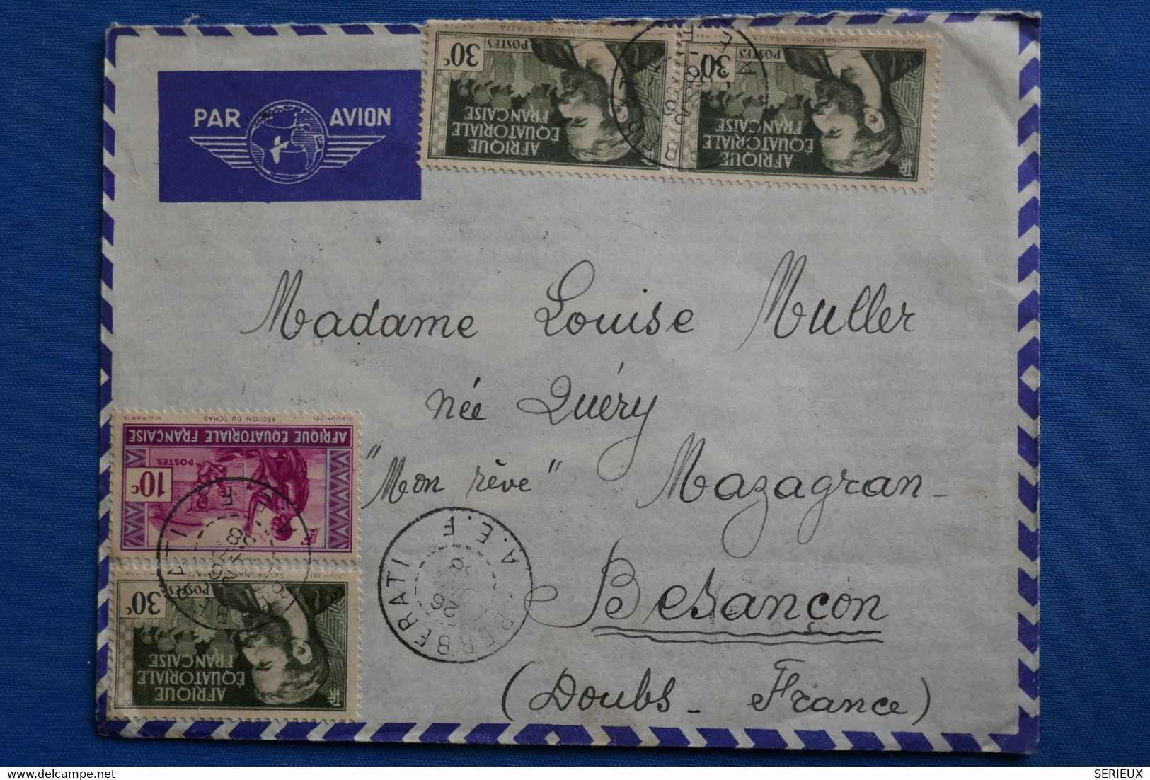 AF3 AEF MOYEN CONGO BELLE LETTRE  1938 BERBERATI   A BESANCON FRANCE +++SURCHARGES BLOC 6 TP   +AFFRANCH PLAISANT - Briefe U. Dokumente