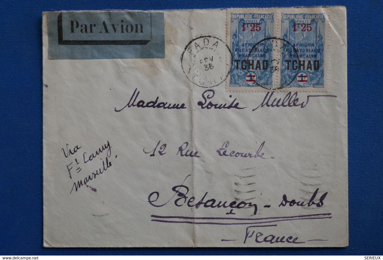 AF3 AEF TCHAD  BELLE LETTRE  1936 PETIT BUREAU FADA   A BESANCON  FRANCE +++PAIRE DE TP   +AFFRANCH PLAISANT - Storia Postale