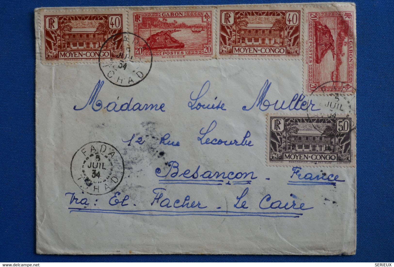 AF3 AOF SENEGAL  BELLE LETTRE   1934 PETIT BUREAU FADA VIA EL FACHER CAIRO    A  BESANCON  FRANCE ++ AFFRANCH PLAISANT - Lettres & Documents