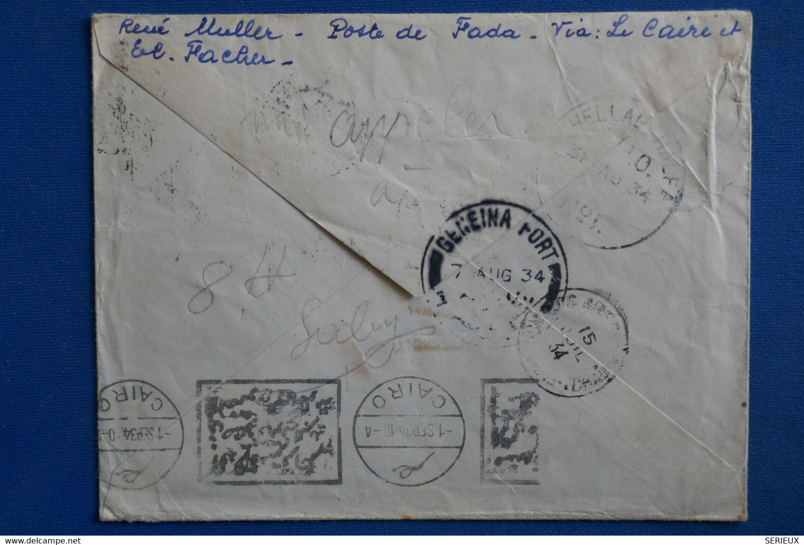 AF3 AOF SENEGAL  BELLE LETTRE   1934 PETIT BUREAU FADA VIA EL FACHER CAIRO    A  BESANCON  FRANCE ++ AFFRANCH PLAISANT - Lettres & Documents