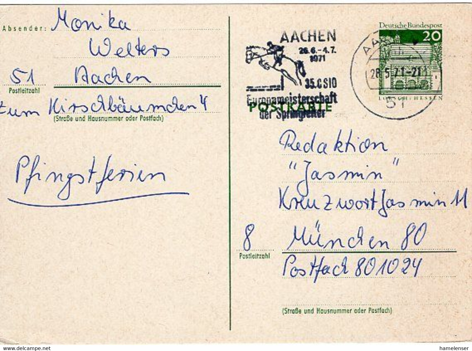 49927 - Bund - 1971 - 20Pfg. Gr.Bauten GA-Kte. M.MaschStpl. AACHEN - 35.CSID EUROPAMEISTERSCHAFT IM SPRINGREITEN -> M - Horses