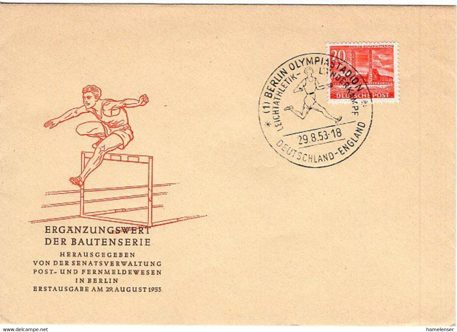 49929 - Berlin - 1953 - 20Pfg. Olympiastadion EF A. Bf. BERLIN - LEICHTATHLETIK-LAENDERKAMPF DEUTSCHLAND-ENGLAND - Athlétisme