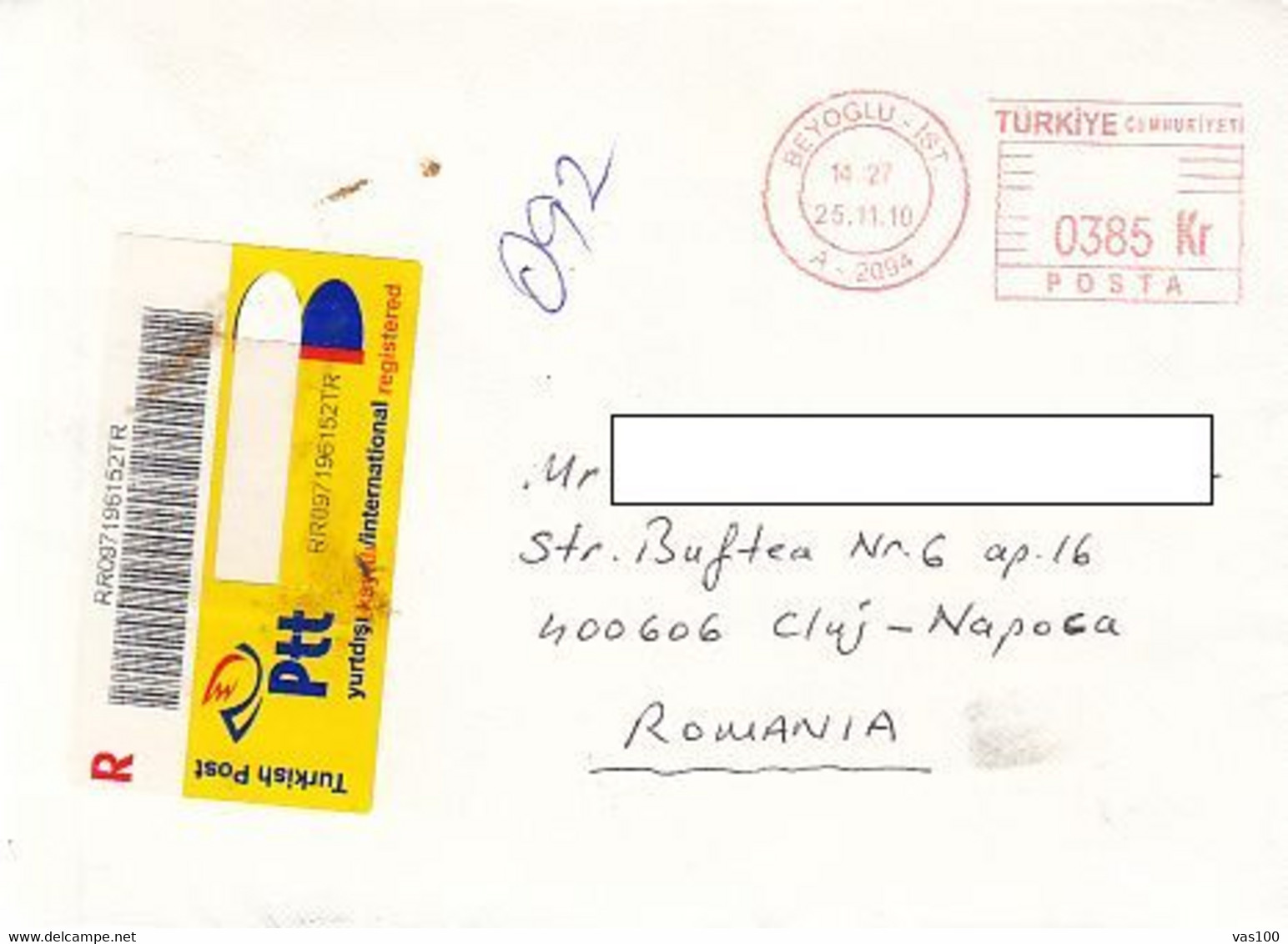 AMOUNT 385, BEYOGLU, RED MACHINE STAMP ON REGISTERED COVER, 2010, TURKEY - Lettres & Documents