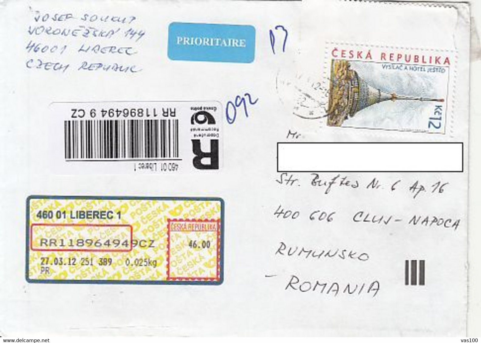 HOTEL, STAMP ON REGISTERED COVER, 2012, CZECH REPUBLIC - Lettres & Documents