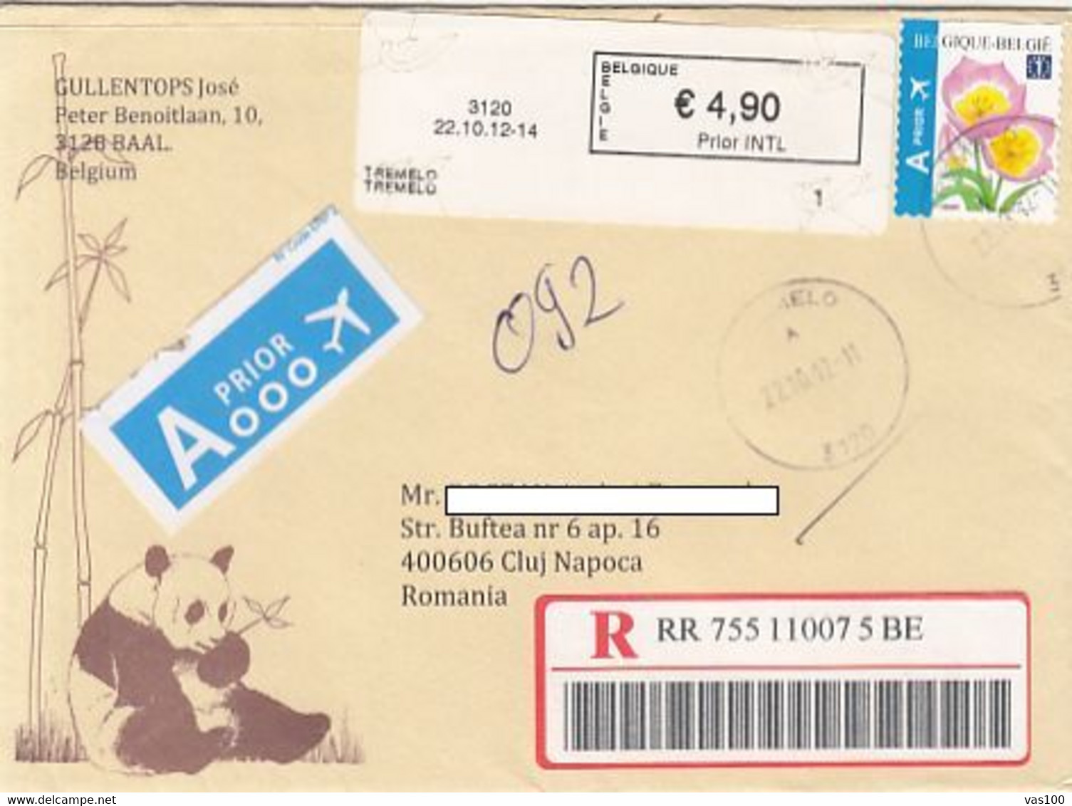 FLOWER, STAMP ON PANDA BEAR ILLUSTRATION REGISTERED SPECIAL COVER, 2012, BELGIUM - Cartas & Documentos