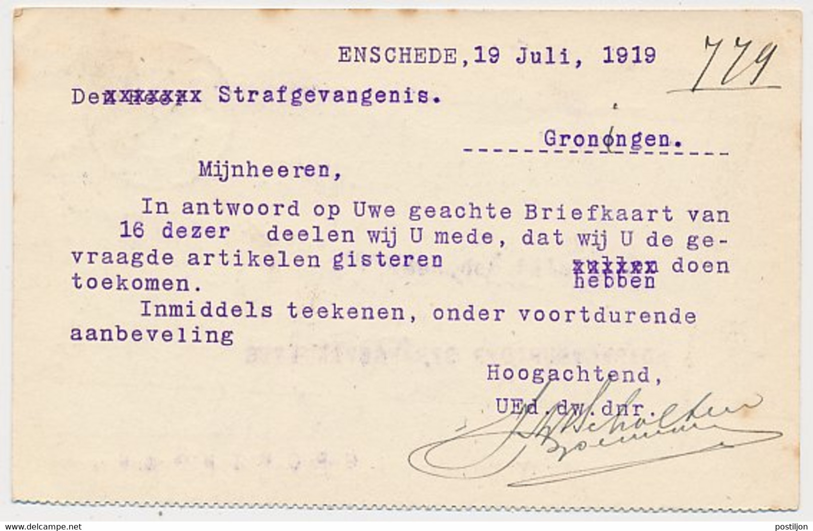 Firma Briefkaart Enschede 1919 - Bandfabriek - Non Classificati