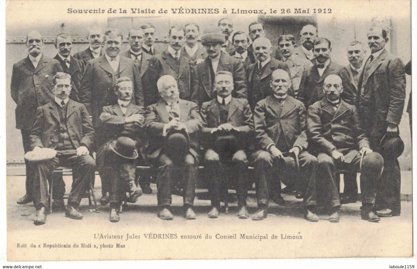 TRANSPORT AVION  AVIATION AUDE SOUVENIR DE LA VISITE DE L'AVIATEUR JULES VEDRINES A LIMOUX CONSEIL MUNICIPAL 26 MAI 1912 - Aviadores