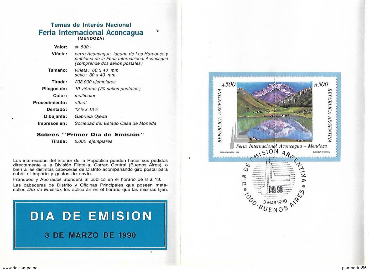 ARGENTINA - 1990 CERRO ACONCAGUA. LAGUNA LOS HORCONES - VOLANTE PRIMER DIA SELLADO - Usados