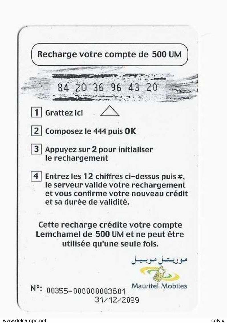 MAURITANIE PREPAYEE MAURITEL MOBILES Au Recto NOUVEAU LOGO 500 UM Date 31/12/2099 - Mauritanien