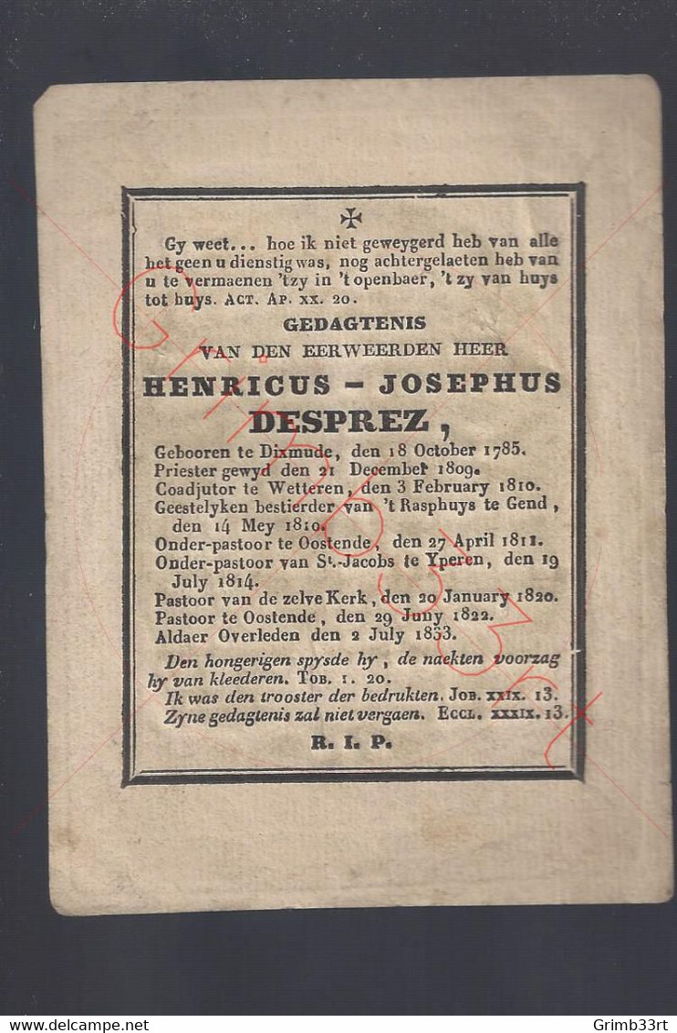Pastoor Te Oostende - Doodsprentje †1833 - Henricus-Josephus DESPREZ - Esquela