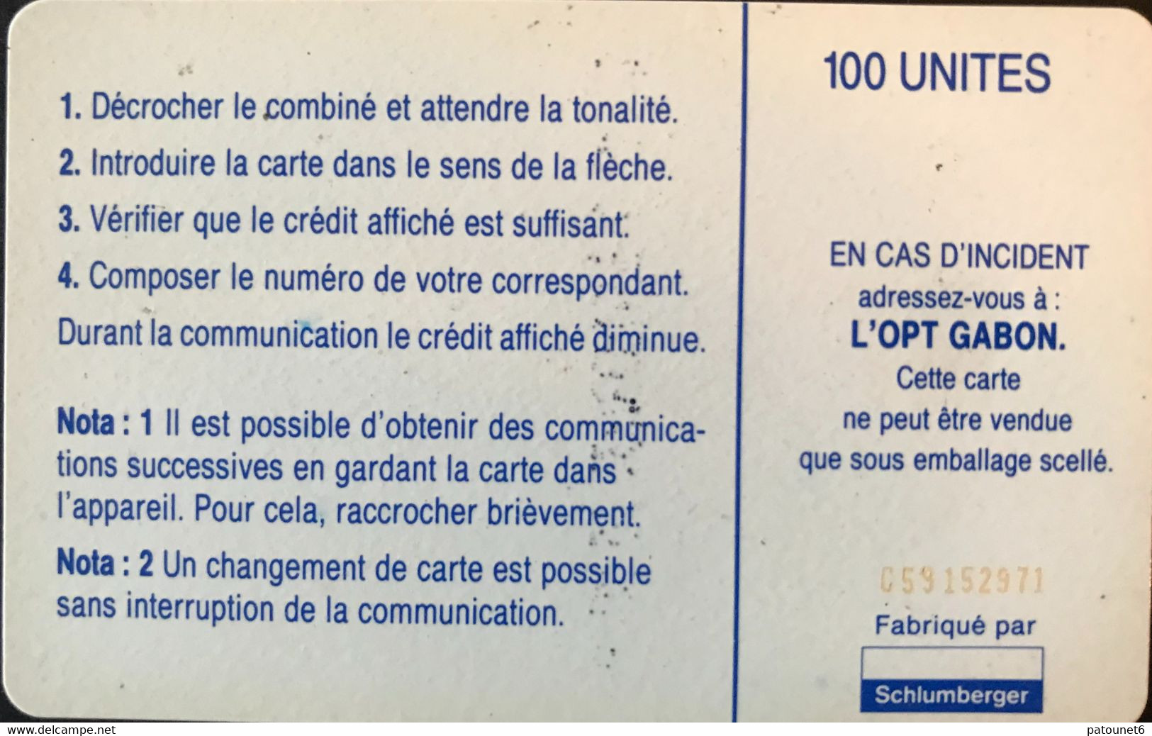 GABON  -  Phonecard  -  Nouveau Plan De Numérotage  -  SC 7  -  100 UNITES  -  Red Control Number - Gabon