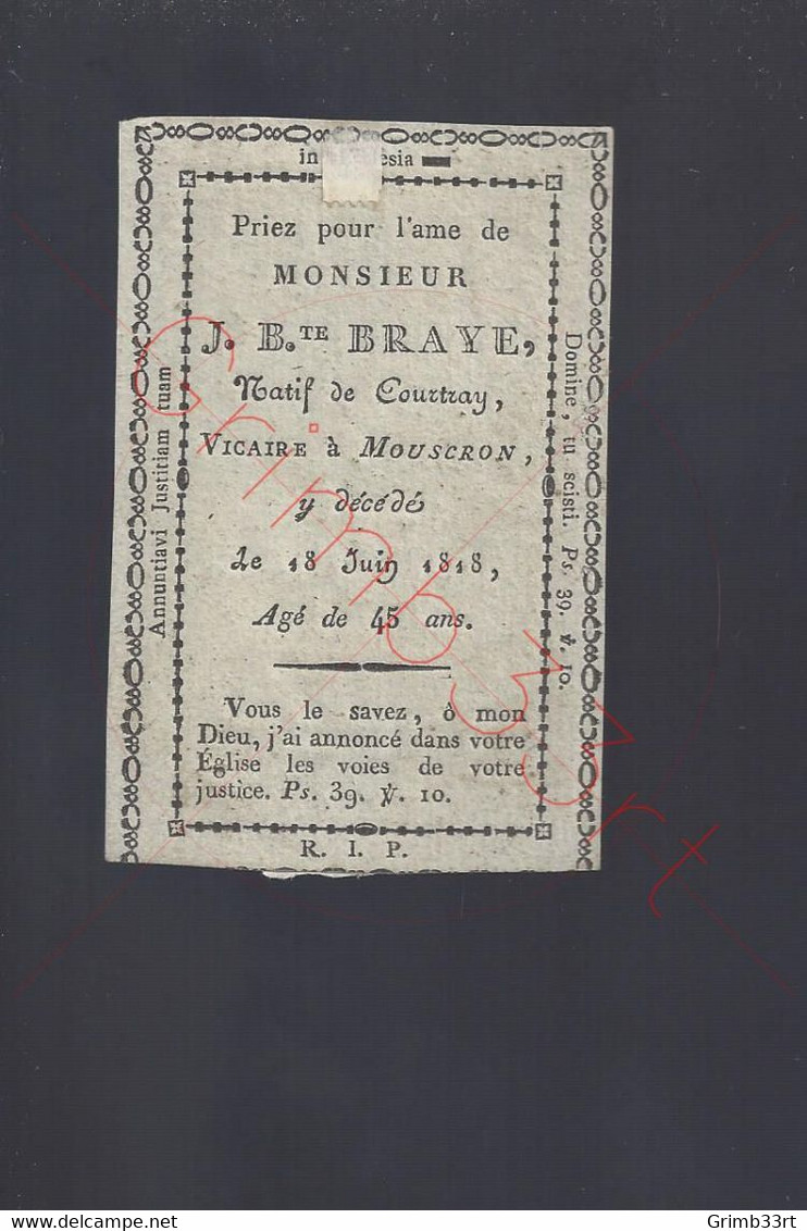 Vicaire à Mouscron - Doodsprentje †1818 - Jean Baptiste BRAYE - Obituary Notices