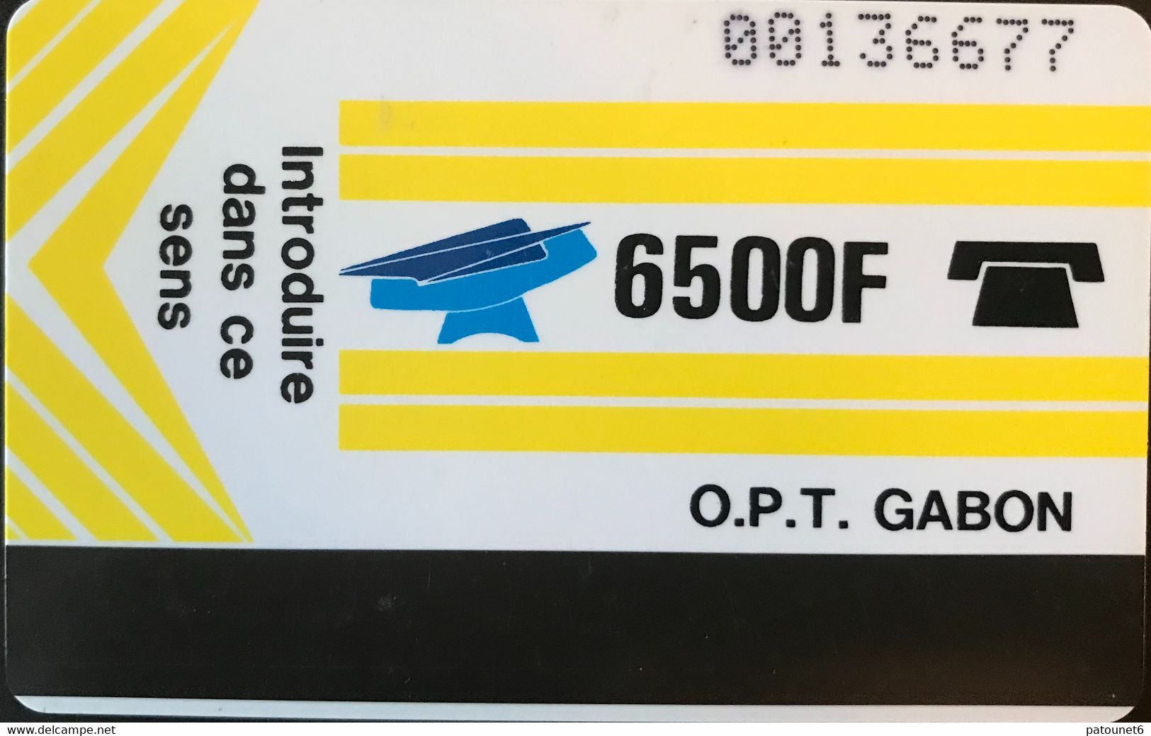 GABON  -  Phonecard  -  Magnétique  -  OPT GABON  - Jaune -  6500 F  -  Control Number (O Barré - Grands Chiffres) - Gabon