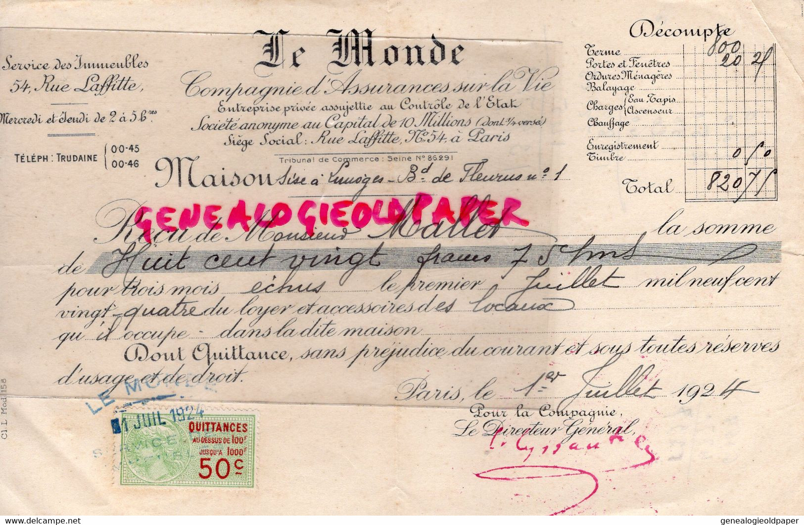 87- LIMOGES- PARIS- RECU ASSURANCES LE MONDE -1 BD FLEURUS- M. MALLET PHARMACIEN PHARMACIE- 1924 - Banque & Assurance