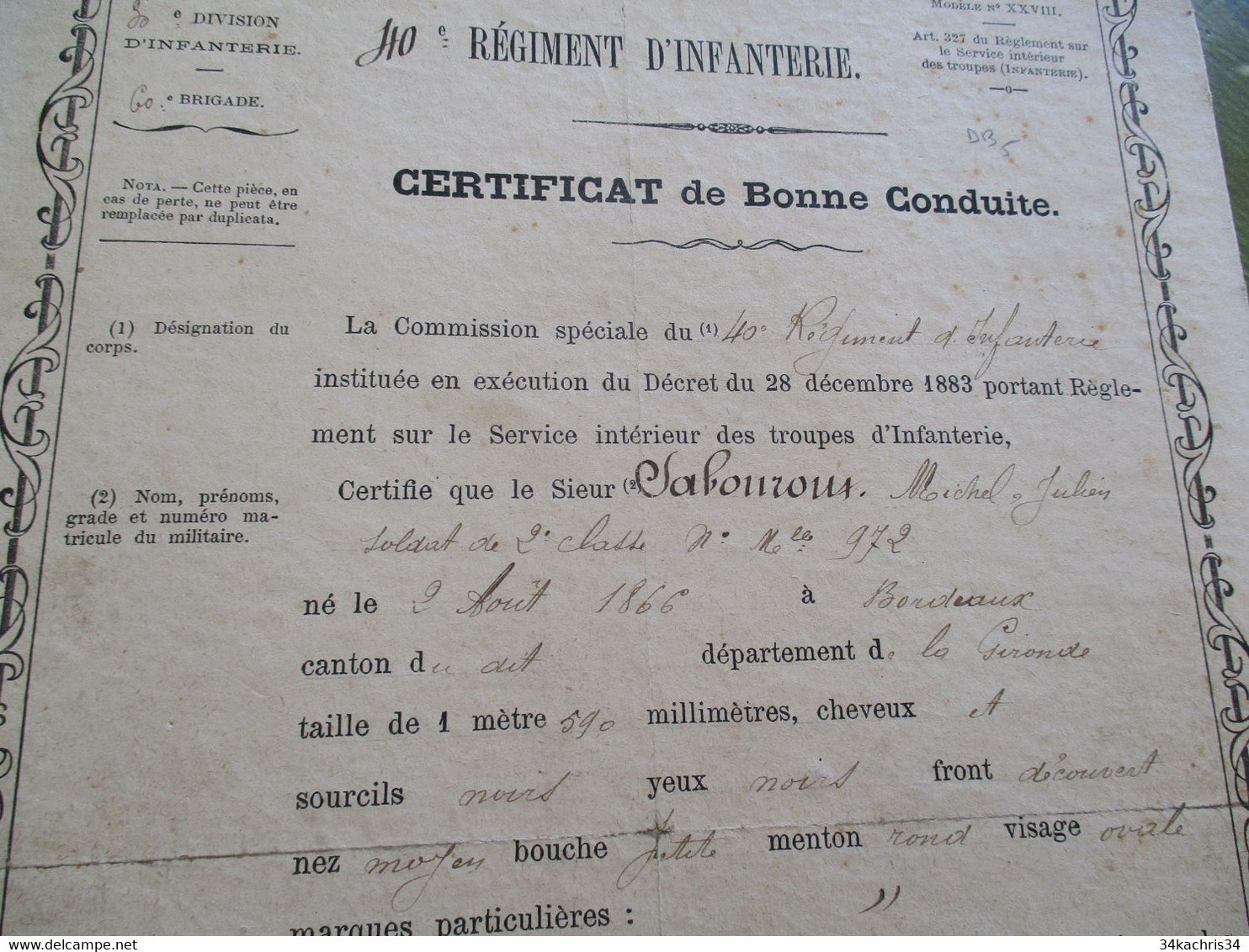 Certificat De Bonne Conduite Collé Sur Carton 40 ème Régiment D'Infanterie Privas 1890 - Documents