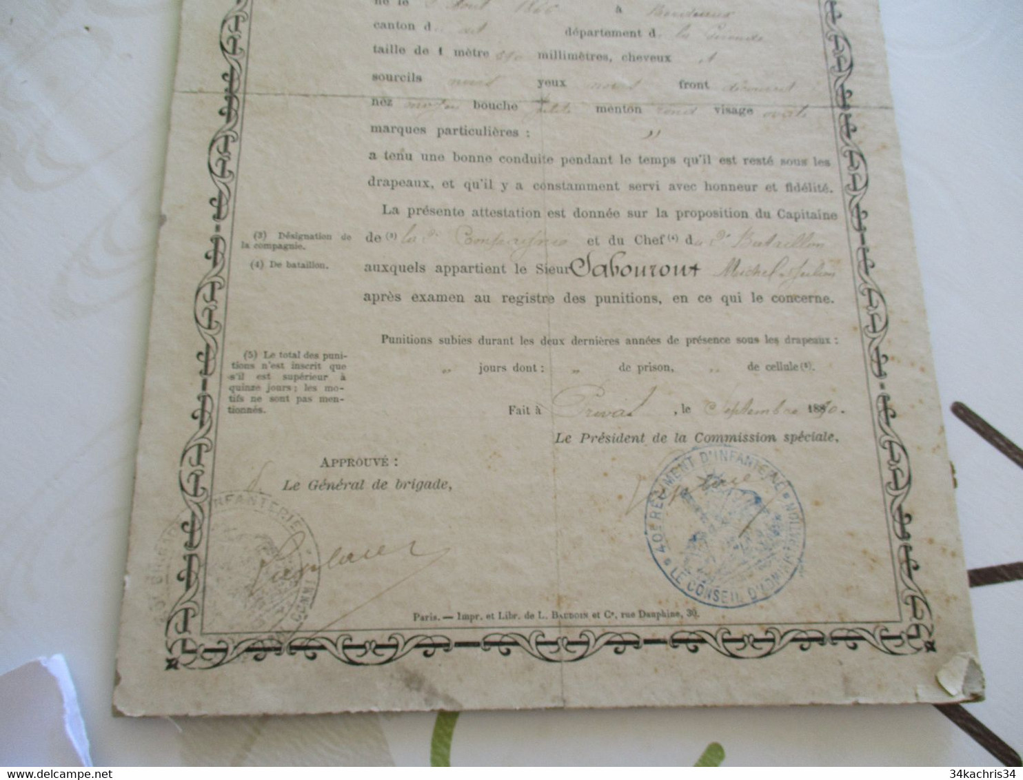 Certificat De Bonne Conduite Collé Sur Carton 40 ème Régiment D'Infanterie Privas 1890 - Documenten