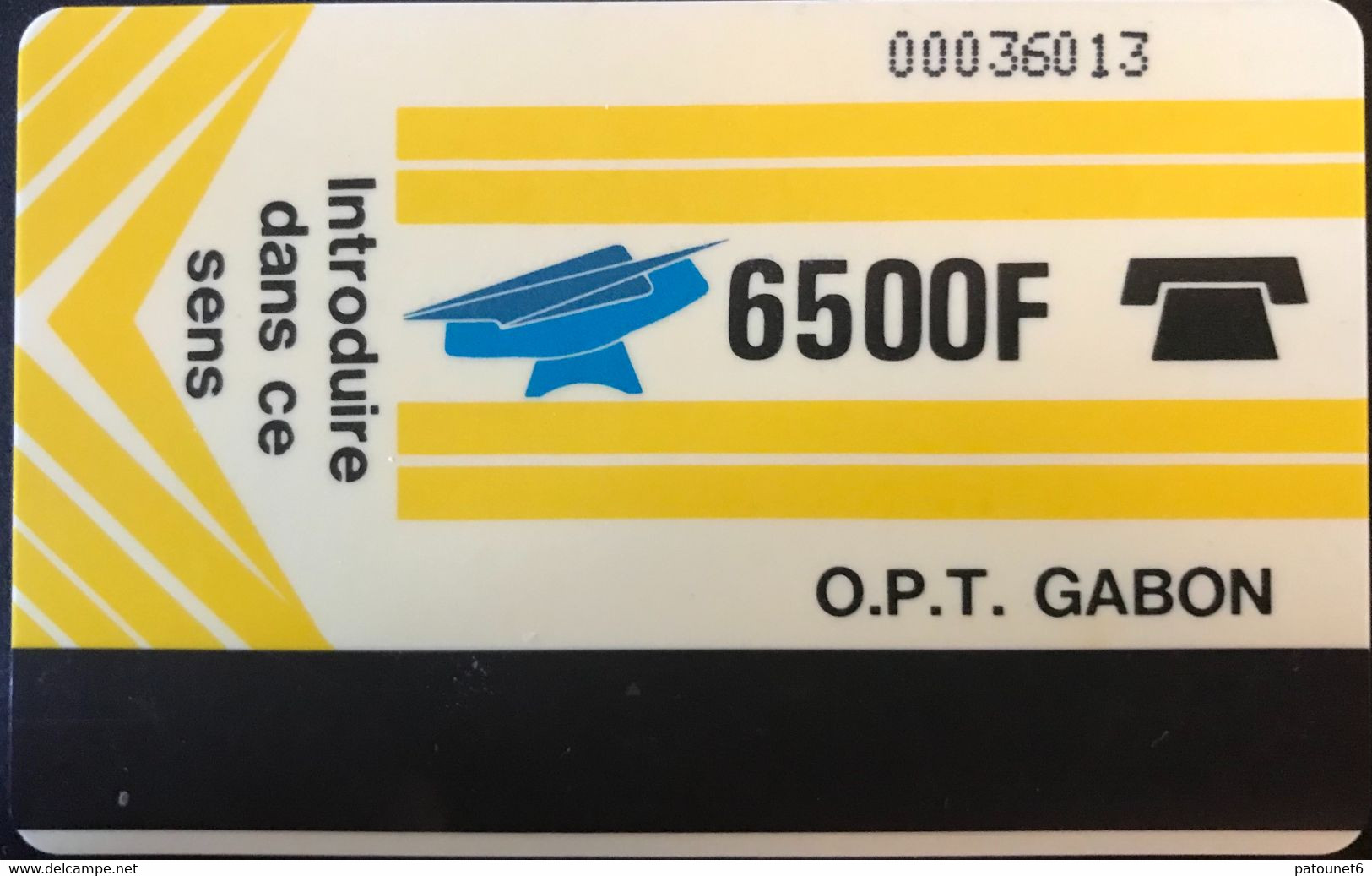 GABON  -  Phonecard  -  Magnétique  -  OPT GABON  - Jaune, Fond Jaunâtre  -  6500 F  - Different Back - 0 Non Barré - Gabon