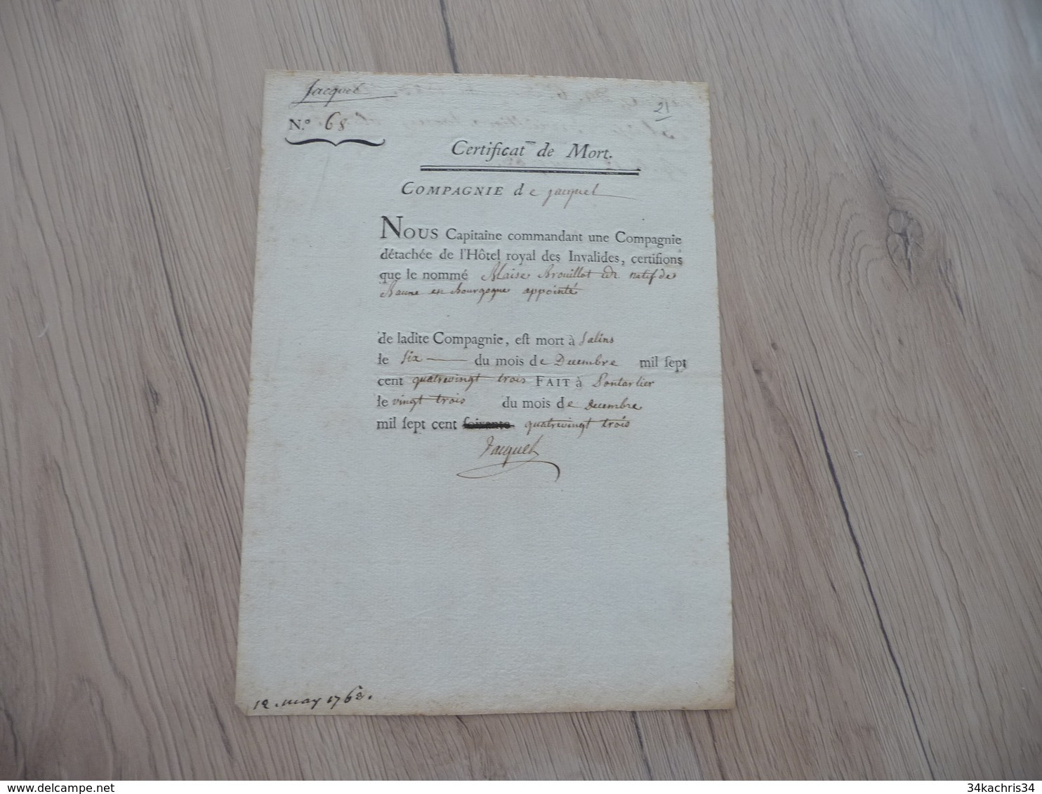 Certificat De Mort Compagnie De Jacquet Brouillot Beaune 23/12/1783 Pontarlier Autographe Jacquet - Dokumente