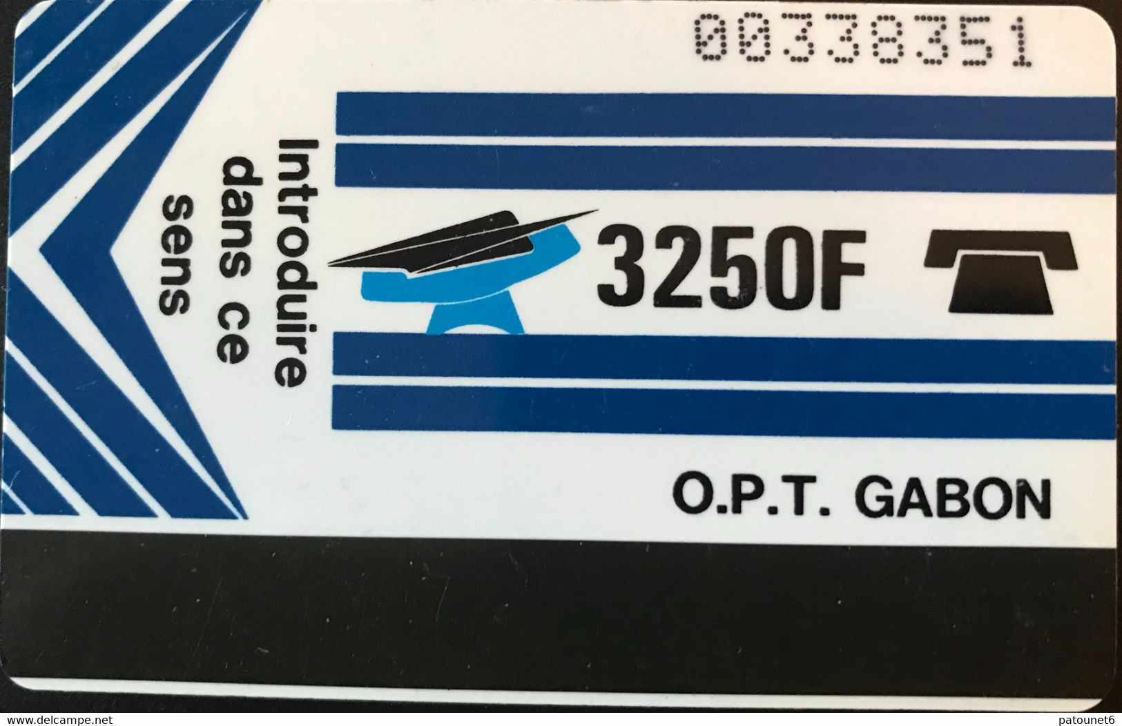 GABON  -  Phonecard  -  Magnétique  -  OPT GABON  - Bleu  -  3250 F  -  Control Number : 0 Barré, Grands Chiffres - Gabun