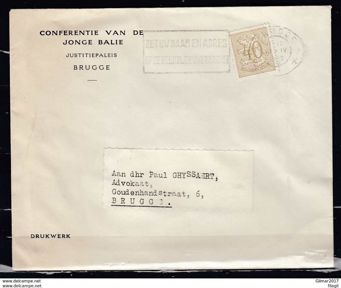 Brief Van Brugge X Naar Brugge Conferentie Van De Jonge Balie - 1951-1975 Lion Héraldique