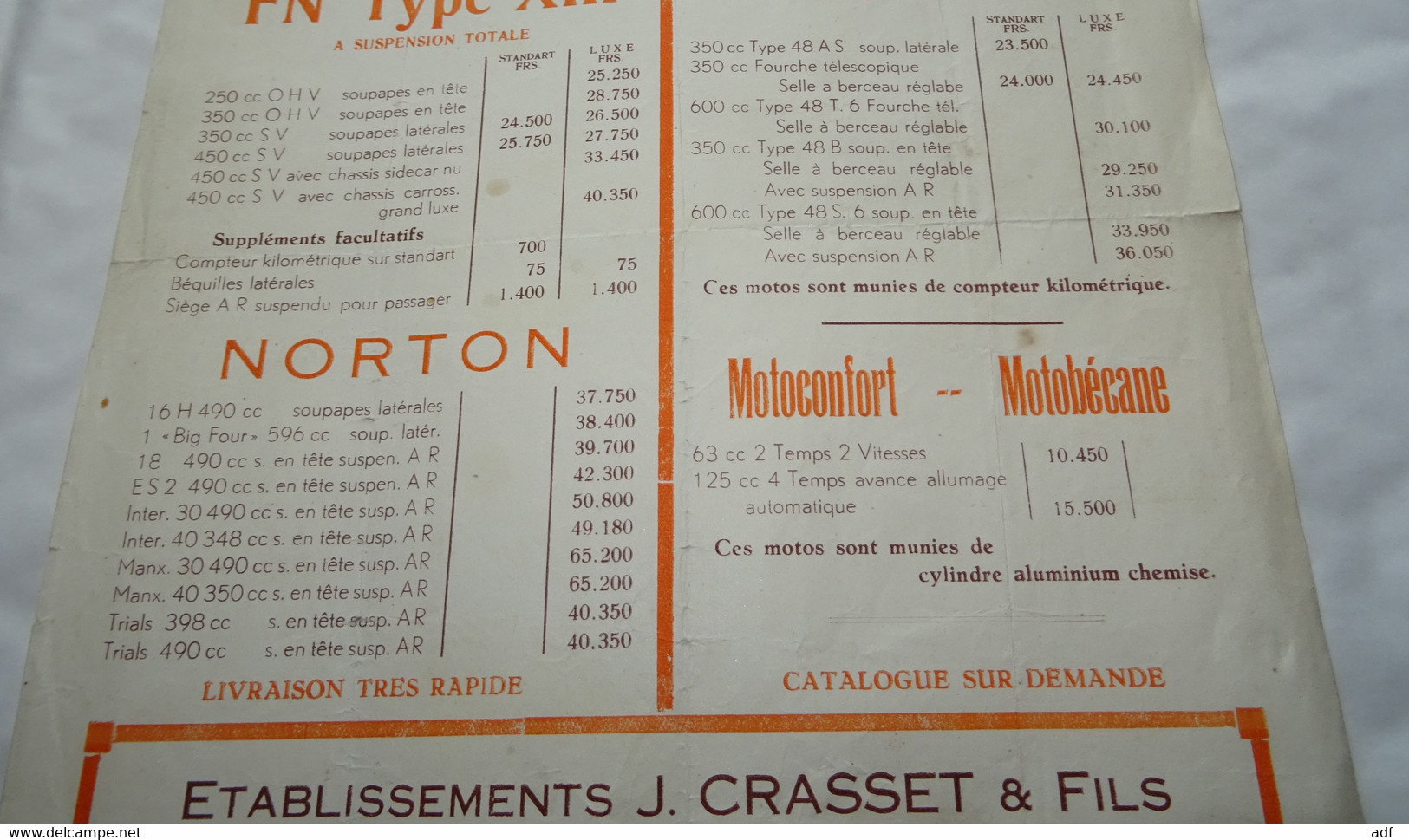 ANCIENNE FEUILLE TARIF PRIX MOTO MOTOCYCLETTE FN TYPE XIII NORTON SAROLEA MOTOCONFORT MOTOBECANE, PUB CRASSET CHARLEROI - Reclame