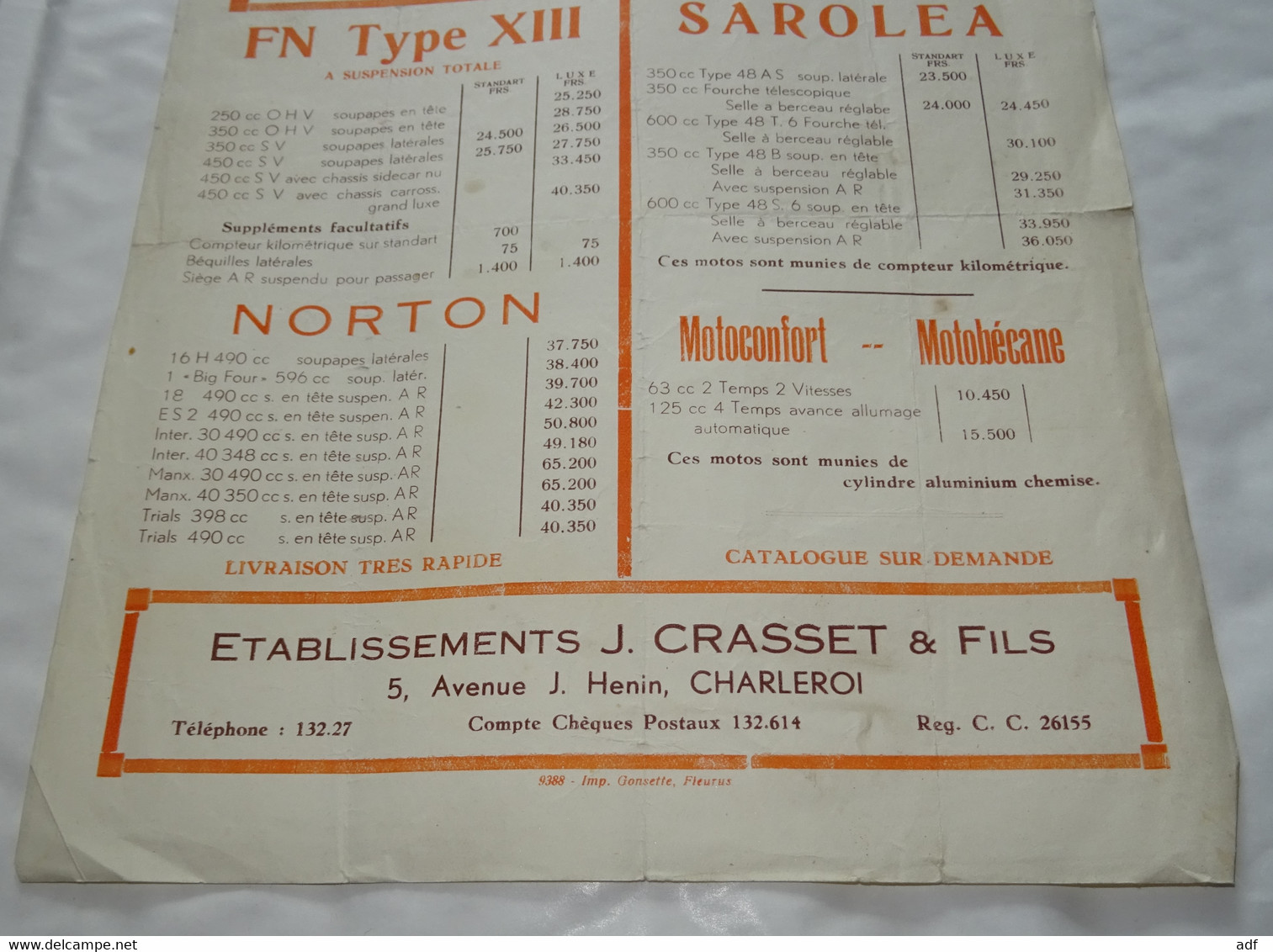 ANCIENNE FEUILLE TARIF PRIX MOTO MOTOCYCLETTE FN TYPE XIII NORTON SAROLEA MOTOCONFORT MOTOBECANE, PUB CRASSET CHARLEROI