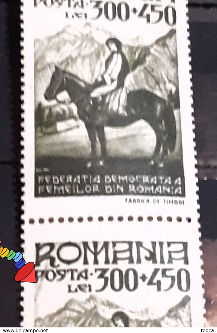 Stamps Errors Romania 1947 # Mi 1016 Rider, Printed With Oblique Line Color,  Rider Pair  Mnh - Plaatfouten En Curiosa