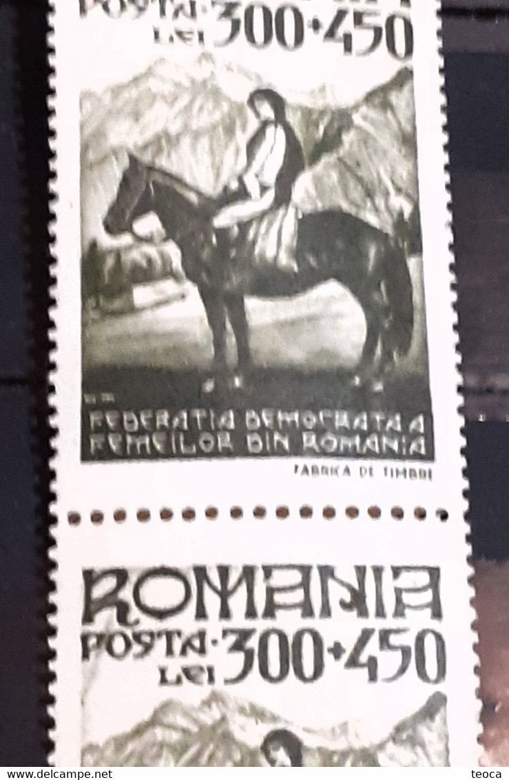 Stamps Errors Romania 1947 # Mi 1016 Rider, Printed With Oblique Line Color,  Rider Pair  Mnh - Plaatfouten En Curiosa