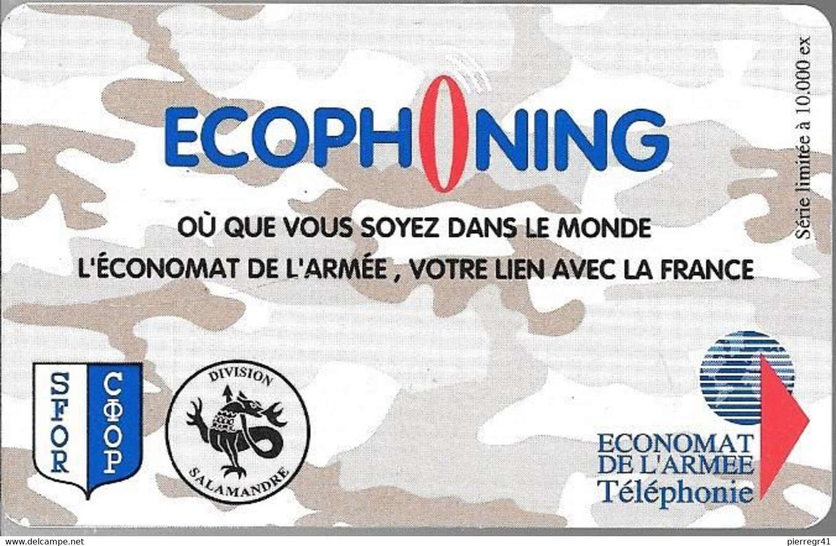 CARTE-PREPAYEE-MILITAIRE- ECOPHONING-DIVISION SALAMANDE- BEIGE FONCE-10000Ex-TBE -  Cartes à Usage Militaire