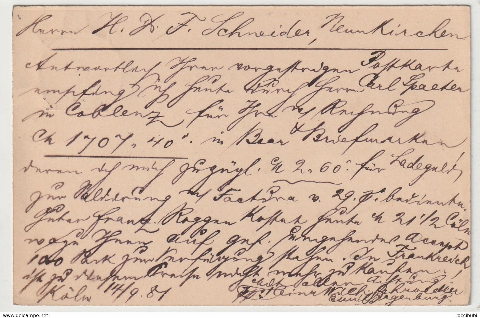 Ganzsache, Postkarte, 1881, Cöln, Neunkirchen - Autres & Non Classés