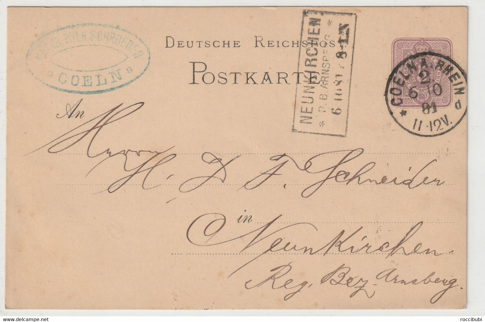 Ganzsache, Postkarte, 1881, Cöln, Neunkirchen - Autres & Non Classés