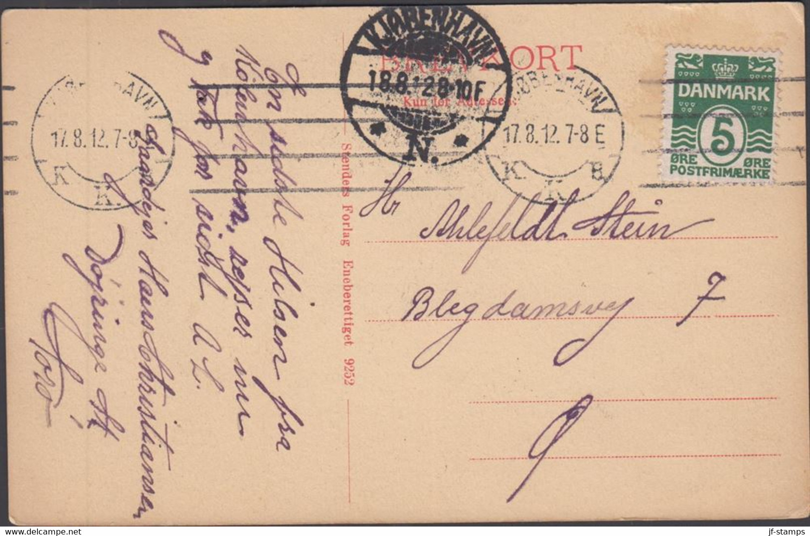 1912. DANMARK. Postcard Foran Københavns Nye Banegaard, Cancelled KJØBENHAVN 17.8.12. 5 øre.  (Michel 63) - JF425607 - Lettres & Documents