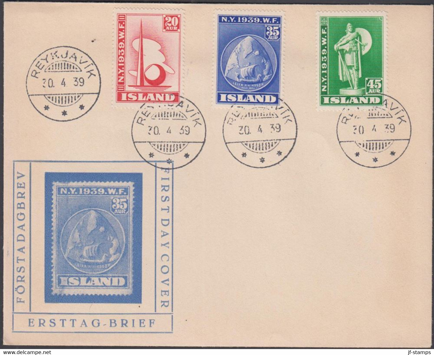 1939.ISLAND.  NEW YORK WORLD FAIR. FDC. REYKJAVIK 30. 4 39. Beautiful Cover.  (MICHEL 204-206) - JF425622 - Cartas & Documentos