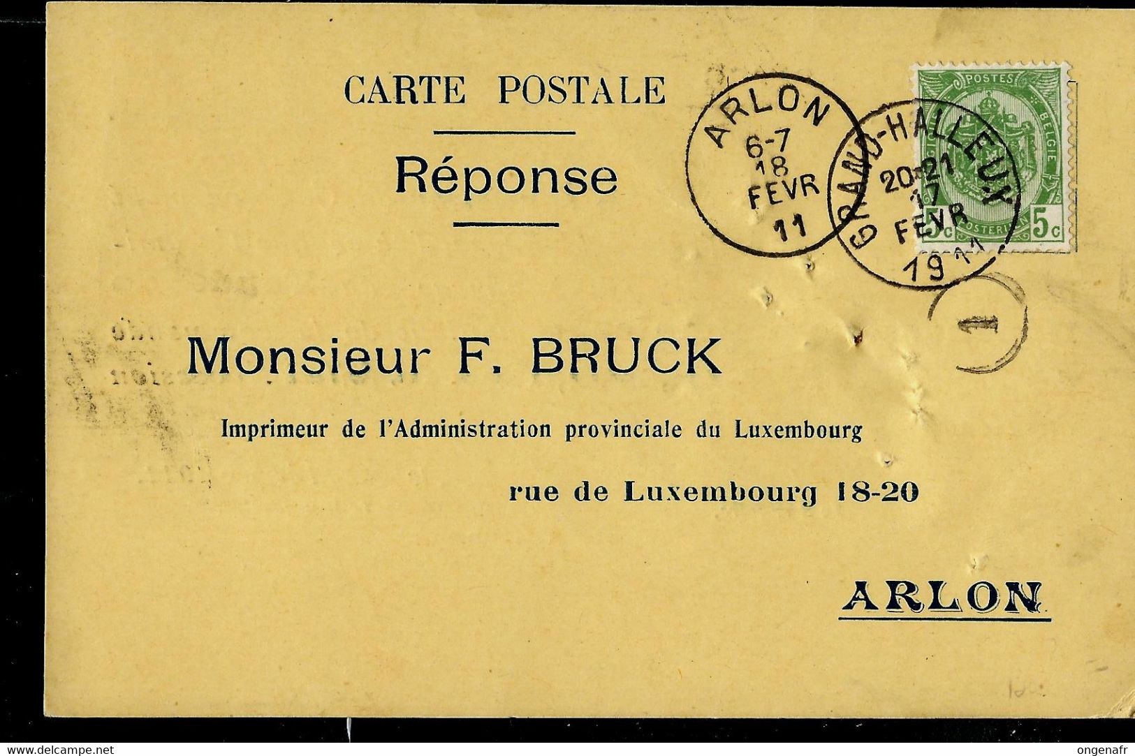 Carte Firm ; Obl. GRAND - HALLEUX 17/02/1911 Pour Arlon - Rural Post