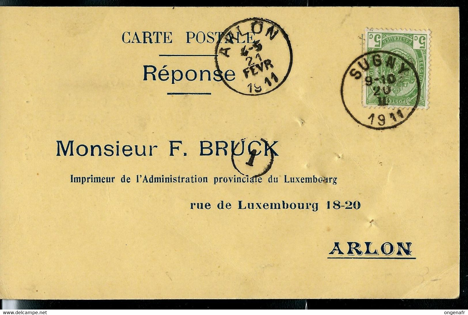 Carte Firme ; Obl. SUGNY 20/02/1911 Pour Arlon - Rural Post