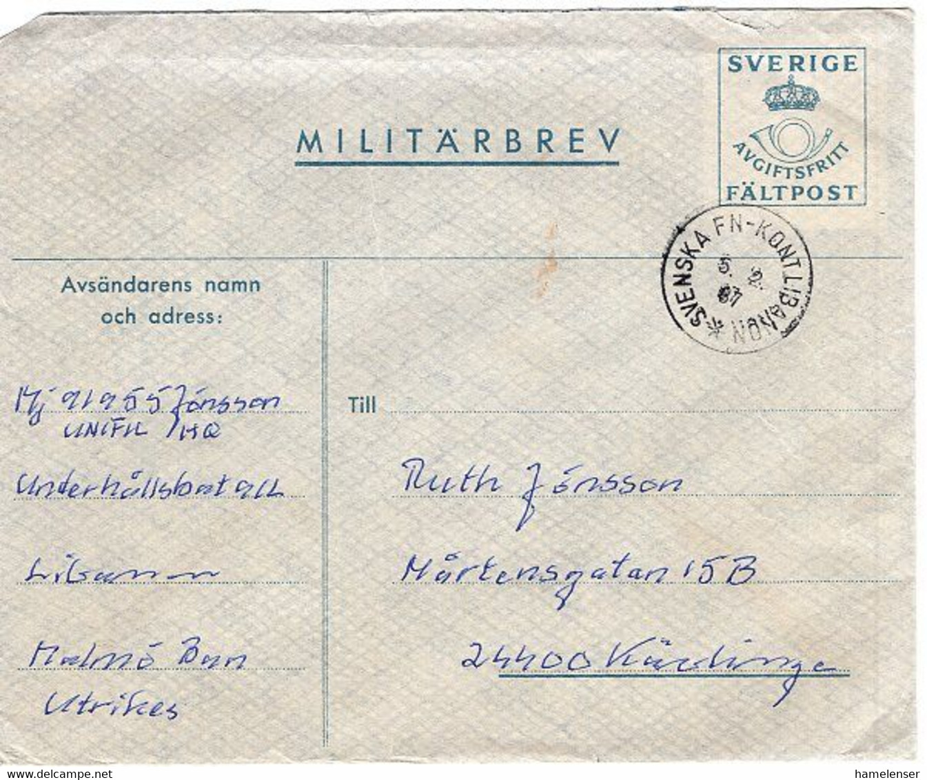 49948 - Schweden - 1987 - Fp-GA-Umschlag SVENSKA FN-KONTLIBANON -> Kaerlinge - UNO