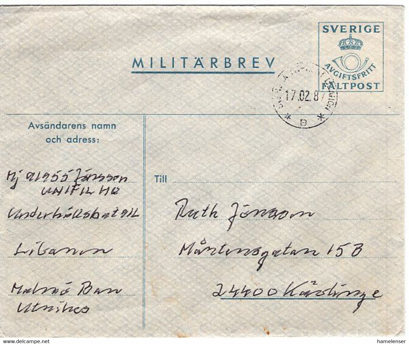 49949 - Schweden - 1987 - Fp-GA-Umschlag SVENSKA FN-KONTLIBANON -> Kaerlinge - ONU