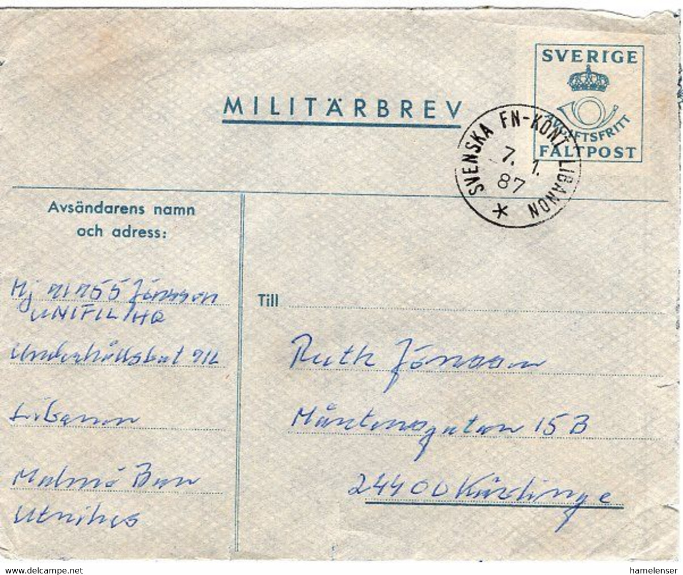 49950 - Schweden - 1987 - Fp-GA-Umschlag SVENSKA FN-KONT.LIBANON -> Kaerlinge - VN