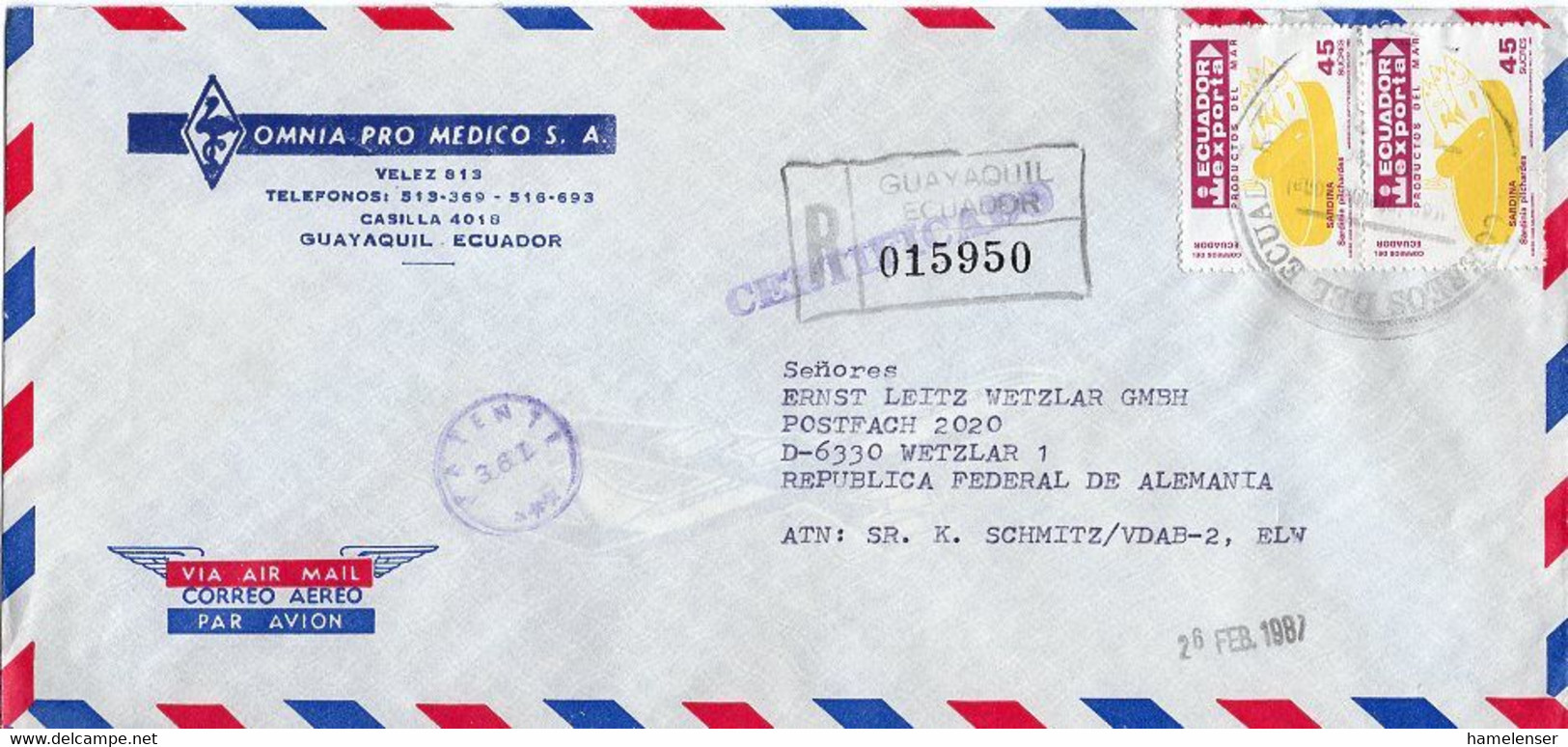 L29648 - Ecuador - 1987 - 2@S/.45 Oelsardinen A. R-Lp.-Bf. GUYAQUIL -> Westdeutschland - Alimentation