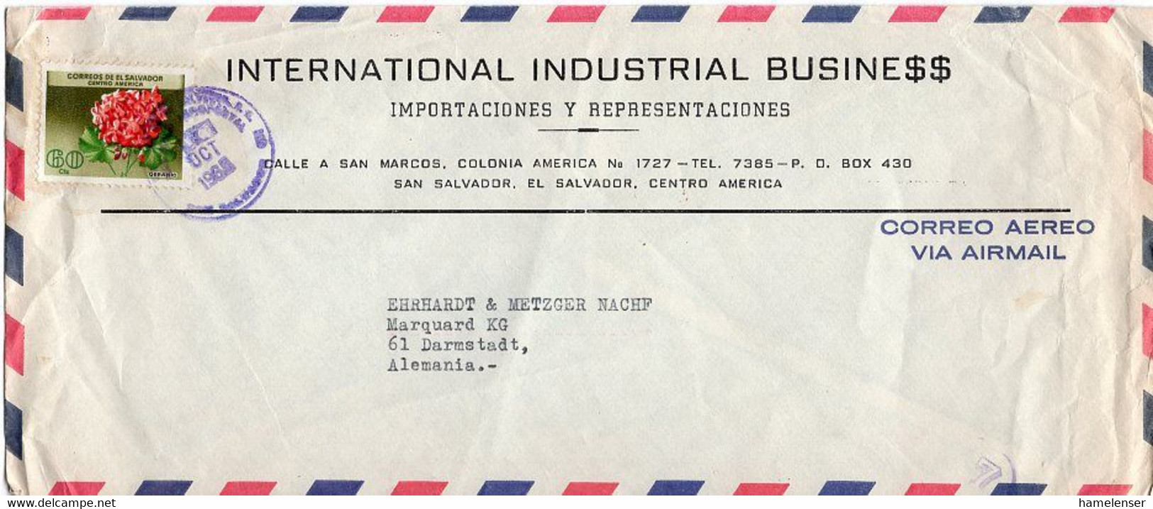 L29649 - El Salvador - 1965 - 60c. Geranie EF A. Lp.-Bf. SAN SALVADOR -> Westdeutschland - Other & Unclassified