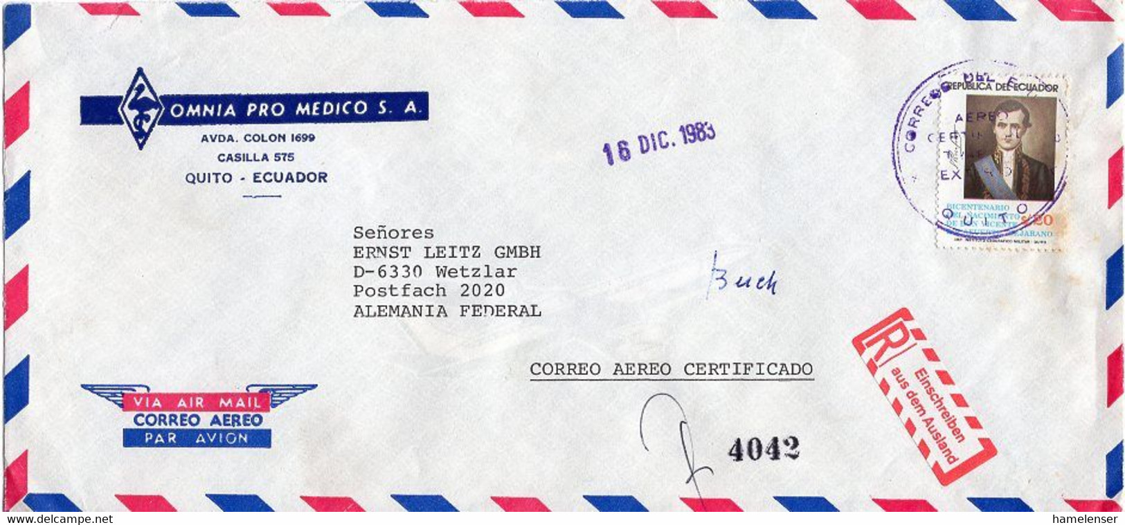 L29655 - Ecuador - 1983 - S/.20 Rocafuerte EF A. R-Lp.-Bf. QUITO -> Westdeutschland, M.dt.Label "Einschreiben ..." - Equateur