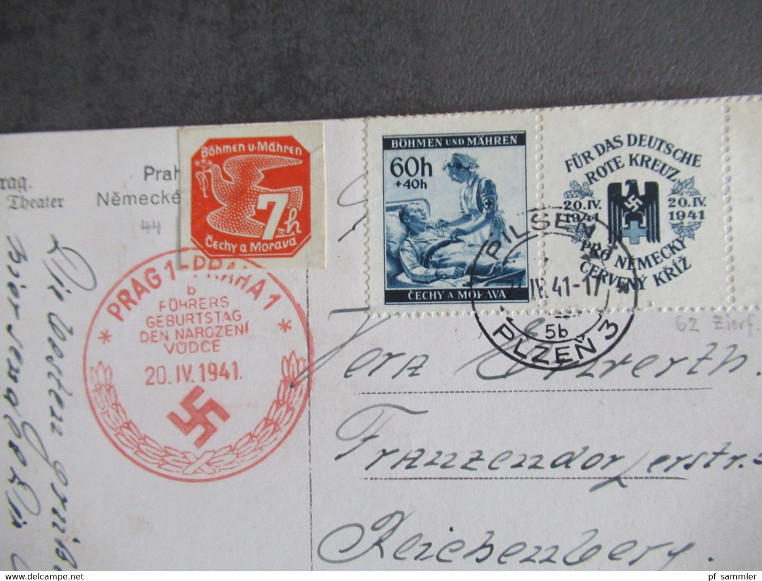 BuM AK Prag Deutsches Theater Zeitungsmarke Nr.44 Und ZD 9 Roter SST Aus Dem Bedarf Pilsen - Reichenberg Sudetengau - Storia Postale