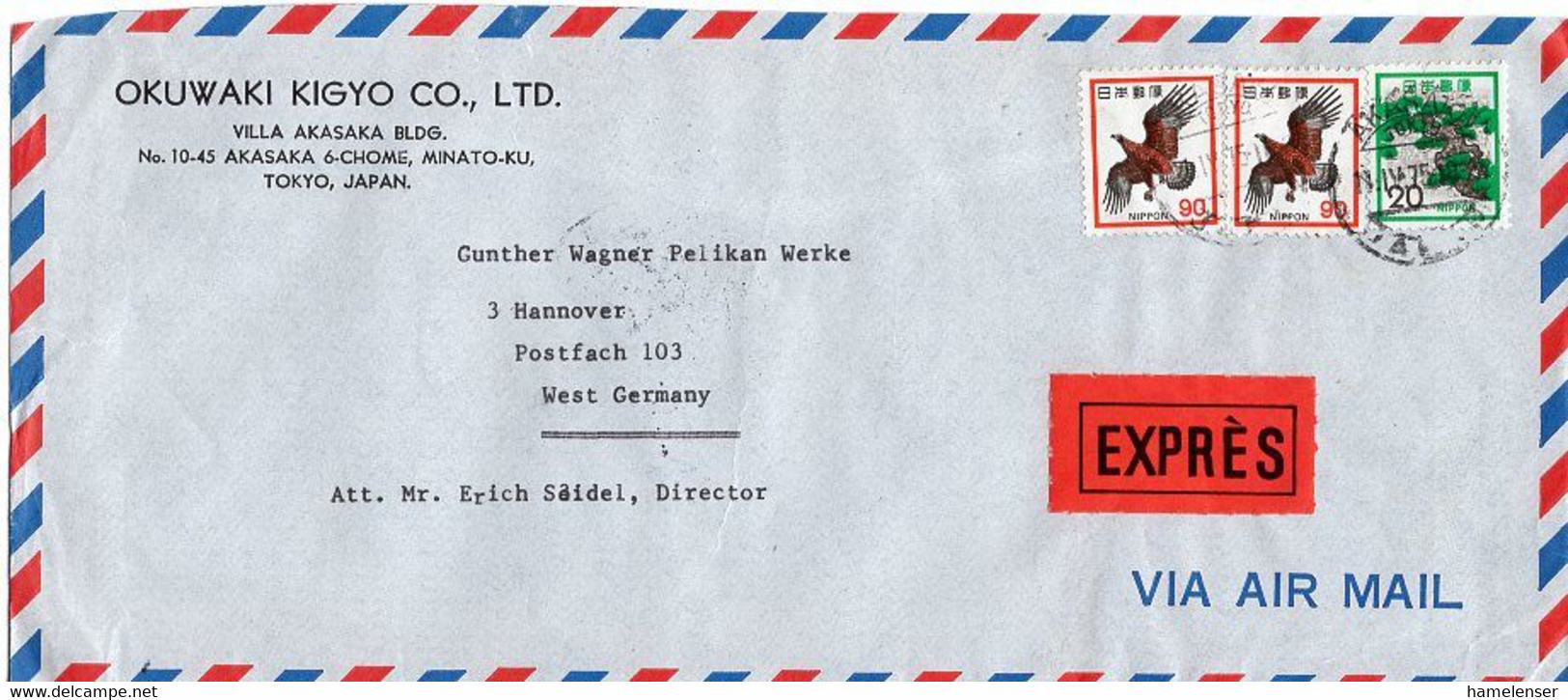 L29782 - Japan - 1975 - 2@￥90 Adler MiF A. Eil-Lp.-Bf. AKASAKA TOKYO -> HANNOVER (Westdeutschland) - Briefe U. Dokumente
