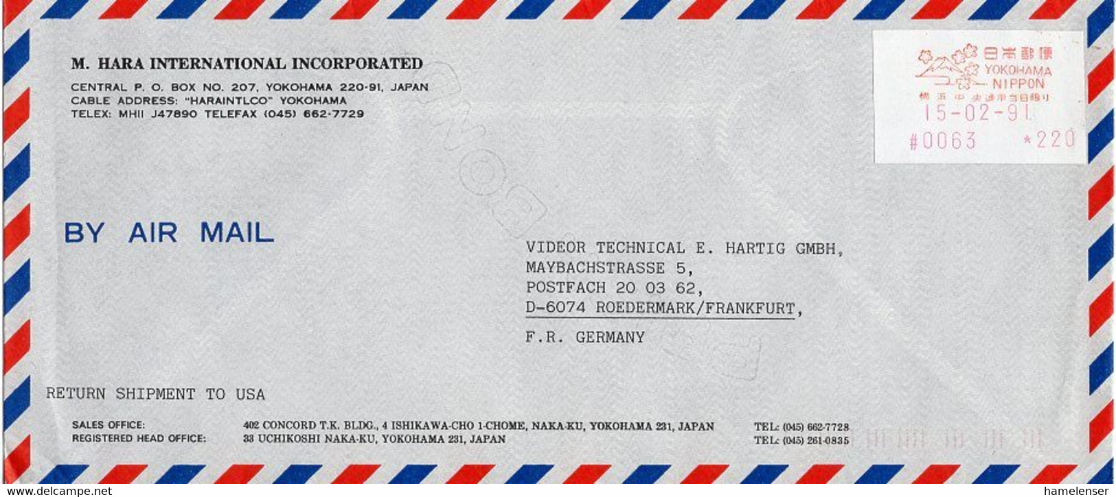 L29991 - Japan - 1991 - ￥220 SFS A. Lp.-Bf. YOKOHAMA -> Deutschland - Covers & Documents