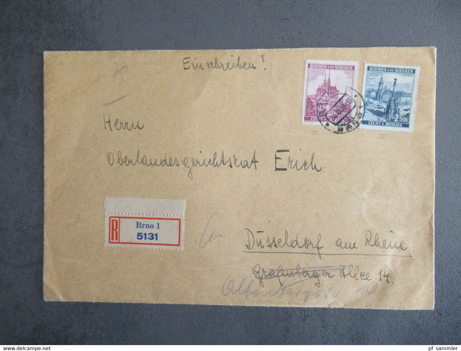 Böhmen Und Mähren 1939 MiF Einschreiben Brno 1 - Düsseldorf Mit Stempel L2 Empf. Grafenberger Allee Dssd. 1 Unbekannt - Covers & Documents