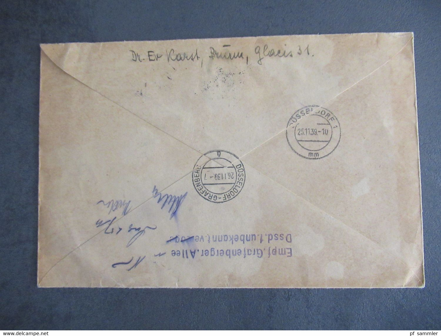Böhmen Und Mähren 1939 MiF Einschreiben Brno 1 - Düsseldorf Mit Stempel L2 Empf. Grafenberger Allee Dssd. 1 Unbekannt - Lettres & Documents