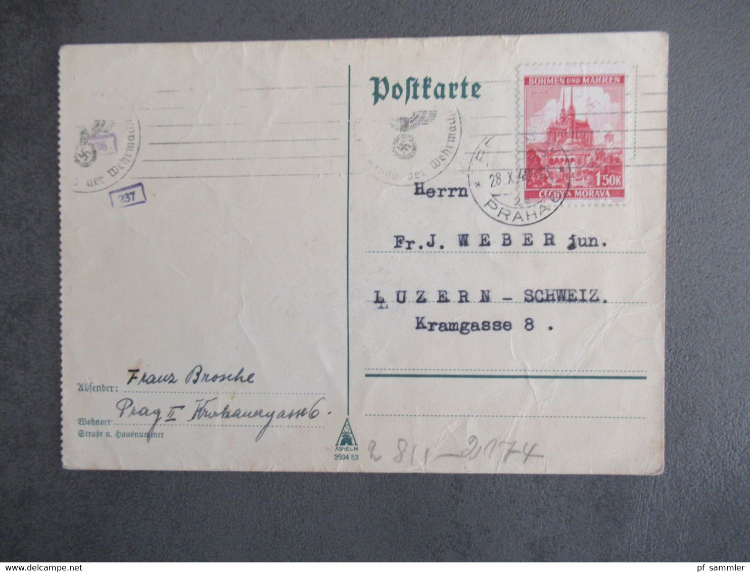 Böhmen Und Mähren 28.10.1940 Nr.30 EF Fern PK In Die Schweiz Mit OKW Zensurstempel / Mehrfachzensur - Storia Postale