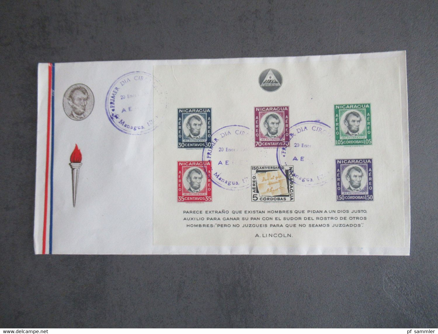 Nicaragua 1960 Abraham Lincoln Block / Sonderbelege Mit Stempel Managua Primer Dia Circulacion / FDC - Nicaragua