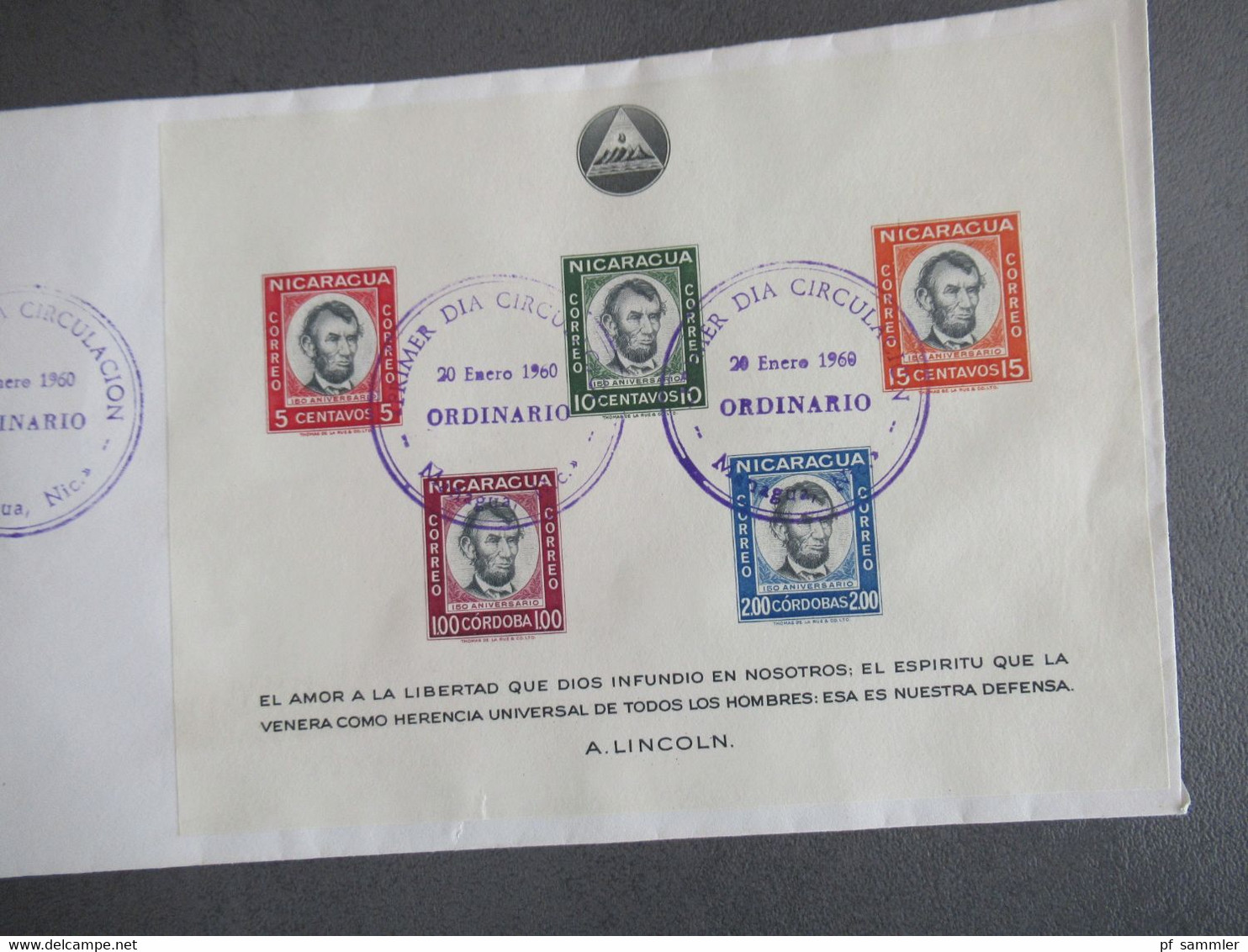 Nicaragua 1960 Abraham Lincoln Block / Sonderbelege mit Stempel Managua Primer Dia Circulacion / FDC