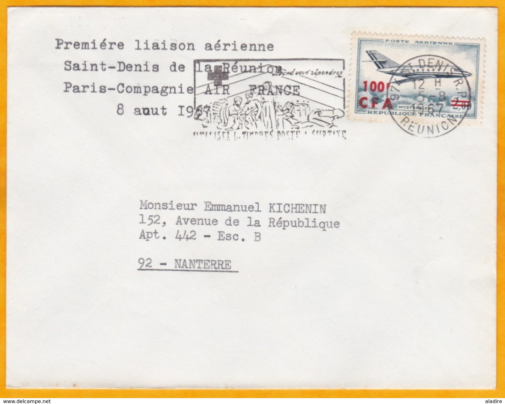 1967 -  Enveloppe De Saint Denis, Réunion  Vers Nanterre Par 1e Liaison St Denis-Paris Par AIR FRANCE - Poste Aérienne